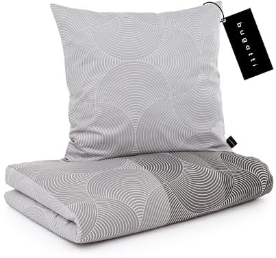 bugatti Bed Linen 155 x 220 cm - 100% Cotton, Zip, Cuddly, Soft & Washable, Mako Satin Bed Linen Circles Graphic Grey