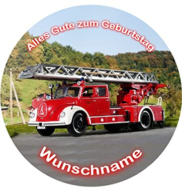Tortenaufleger Feuerwehrauto mit Wunschname, Ø 20cm, 00500 | Essbares Foto, Feuerwehr-Design, Super Qualität