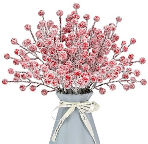 24 púas artificiales de bayas blancas en aerosoles de nieve, tallos de bayas de acebo esmeriladas, ramas de invierno para rellenos de árbol de Navidad, decoración de arreglos navideños, coronas,