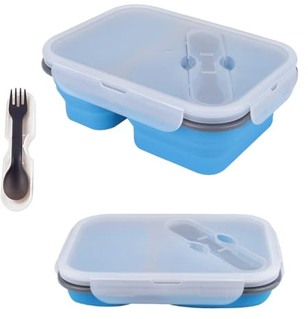 alouweekuky Faltbare Brotzeitbox,Auslaufsichere Bento Lunchbox Brotdose aus Silikon Faltbare Lunchbox Lebensmittel mit zwei Fächern und Löffel und Gabel für Erwachsene/Kinder (Blau)
