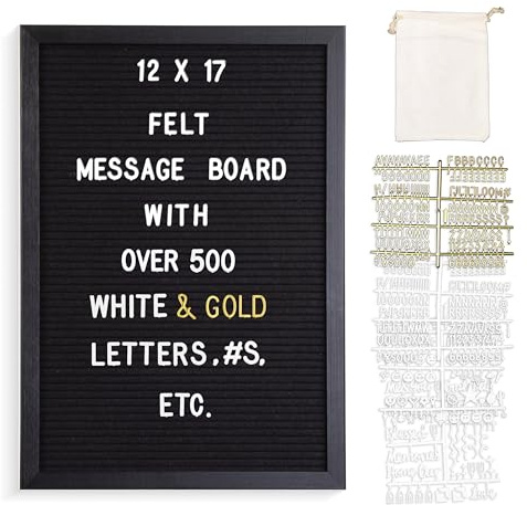Real Wood Framed Felt Letter Board, Changeable Message Board, 12 x 17, Folding Stand and Wall Mount, 500+ Pieces of White & Gold Letters, Numbers &Words, by Better Office Products (Black/Black)