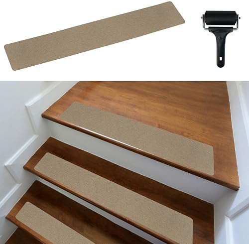 cocofy Trappstegsmattor modernt set om 15, 60 x 12 cm stor filt, självhäftande trappmattor, inomhus, 15 stycken mattor, trappsteg, trappmatta, självhäftande, beige