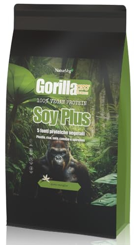 Naturveg® GORILLA PRO Soy Plus – Proteine in polvere Vegane Senza Glutine, da 1kg, proteine vegetali di riso canapa soia pisello, vitamine e Sali minerali (1Kg, Cioccolato)