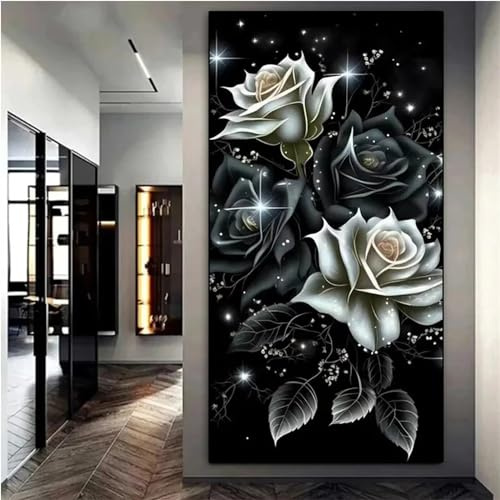 Jinmer Diamond Painting Erwachsene Schwarze weiße Rosen 5D Diamant Painting Bilder Erwachsene Groß Diamond Painting Set DIY Full Drill Kreuzstich Bilder für Wohnzimmer Dekoration Rund,50x100cm