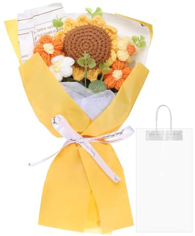 QUARKZMAN Mazzo Fiori Uncinetto Bouquet Girasoli Fatti a Mano Giallo | per Festa Mamma Compleanni Matrimoni, Bouquet Fiori Artificiali Uncinetto