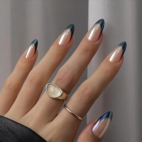 Kotkiddy 24 Stück Schwarze French Tip Press on Nails Mittel Mandel Falsche Nägel Chrom Akrylnägel Glänzend Natur Falsche Nägel Nagelpress-Ons Vollumfängliche Klebernagel