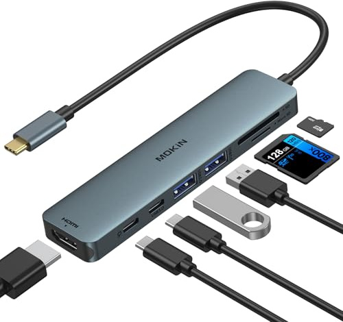 MOKiN USB C-hub, 7-i-1 HDMI-adapter för MacBook Pro/Air, Mac Dongle | USB C-adapter med HDMI-hub, 2x USB 3.0, PD 100 W, SD/microSD, multiportadapter för iPad, Lenovo Dell XPS (blå)