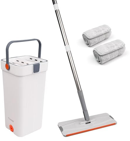 Crystals Flat Mop and Bucket Set - Floor Mop Bucket with 2 Microfiber Flat Mop Heads - Flat Head Mop Bucket with Adjustable Pole - Compact and Lightweight Flat Mob for Cleaning All Floors