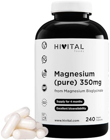Magnesio puro 350 mg procedente de Bisglicinato de Magnesio. 240 cápsulas veganas para 4 meses de tratamiento. Fabricado en España por HIVITAL