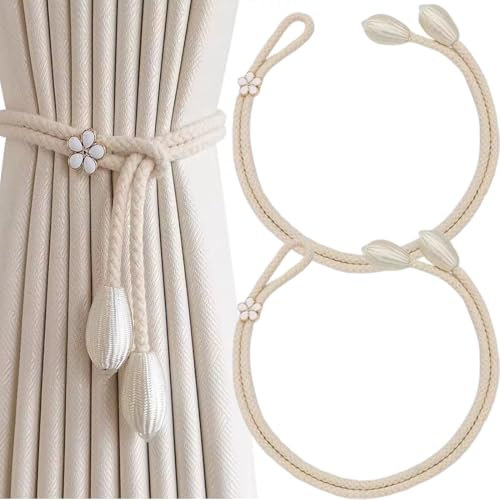 MOLZINY 2 Pezzi Fermatende per Tende Fermatenda in Cotone Tende Clip per Tende Corda de Cotone Intrecciato a mano Ferma Tende da Esterno Raccogli Tenda per Interni ed Esterni Tenda Decorazione (Beige)