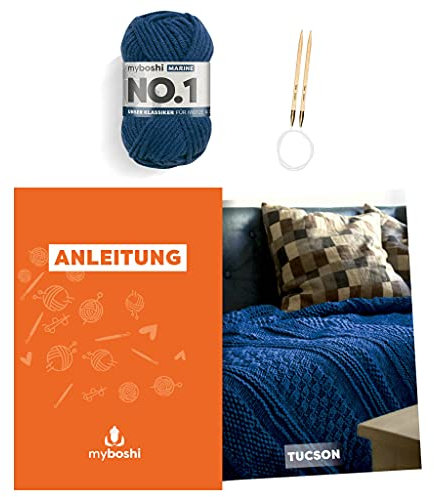 myboshi Strickset Decke Tucson, inkl No.1 Wolle, Nadel und Anleitung, Home, Strickpaket, 30% Merinowolle Blau, mit Rundstricknadel