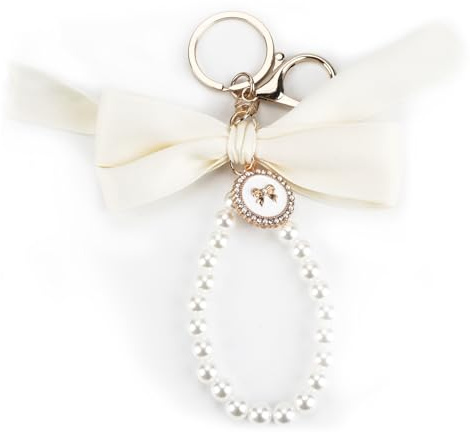 MUCOOS Süßer Beigefarbener Schlüsselanhänger Mit Schleife, Elegantes Schleifendesign Mit Kunstperlenarmband, Schlüsselanhänger, Geschenk Für Frauen