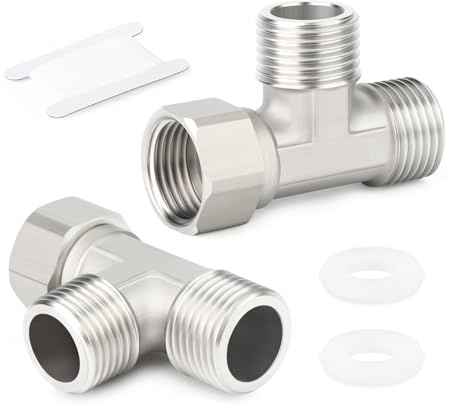 TAISHER 2PCS Conector en T móvil flexible derecho de 3 vías de acero inoxidable 304, 1/2 MBSP x MBSP x FBSP para rociador, válvula en ángulo, brazo de ducha