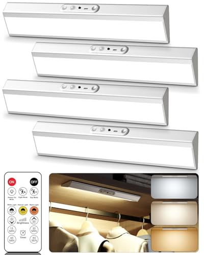 Motion Sensor Closet Lights, Eye Protection Design Under Cabinet Lighting Wireless with Remote Control, 3 Color Temps & Dimmable, Rechargeable Closet Lights for Kitchen, Wardrobe, Shelf, Pantry