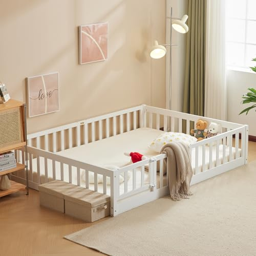 LEADZM Montessori Lit d'enfant Lit au Sol 90x200 cm (Blanc)