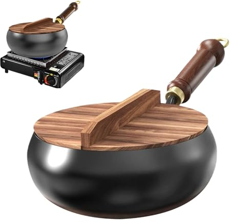 Cast Iron Wok | Uncoated Iron Pan with Wooden Lid and Handle | Chinese Non-Stick Wok | Big Belly Pot | 24cm Non Stick Frying Pan | Round Bottom Suntup Pan for Induction, Electric