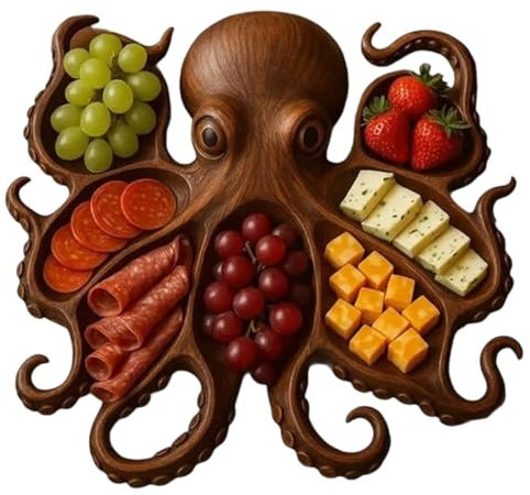 Plateau De Charcuterie De Poulpe, Plateau en Bois Forme Pieuvre, Plateaus De Pieuvre pour Fête sur Le Thème De L'océan, Planche en Bois pour Fromage, Viande, Fruits, 28x28cm