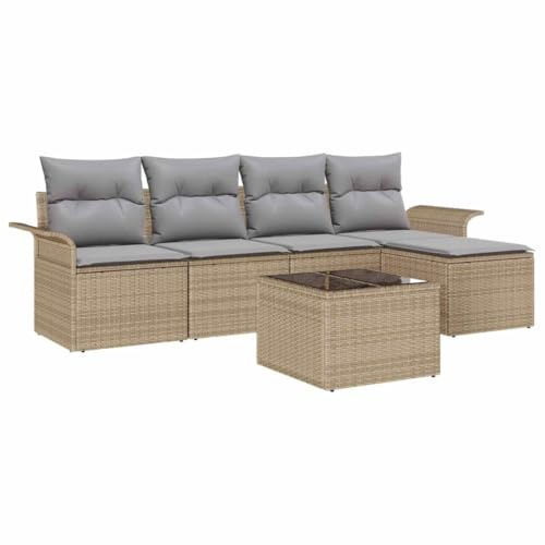 vidaXL Garten-Sofa-Set mit Kissen 6 pcs Beige Poly Rattan, Garten und Terrasse, modernes, modulares Outdoor-Sofa, verstellbare Füße, Rattan-Sitzgruppe, wetterfest