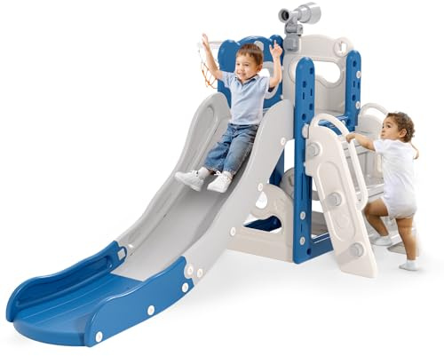 Toboggan pour Enfants, Toboggan pour Tout-Petits 5 en 1,avec Panier de Basket-Ball, Cadre d'escalade de Jardin, Rangement, Toboggan Extra Long 1700 mm (Télescope + Monture sphérique, Bleu-Gris)