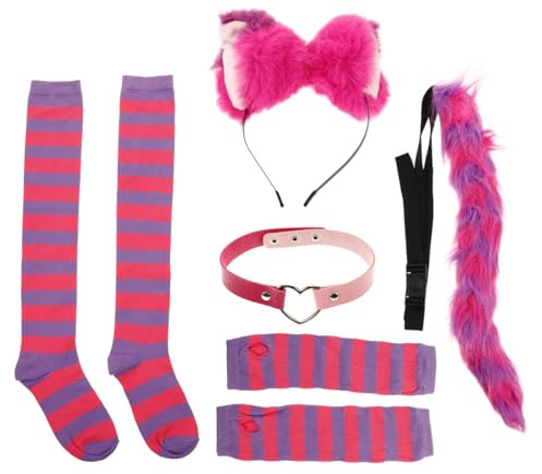 AKOOSY Cosplay Katzenohren Stirnband Set Teilig mit Handschuhe Socken Tierohren Kostüm Zubehör für Damen Halloween Party Festival