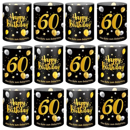 12 Stück Windlicht Tischdeko 60 Geburtstag Happy Birthday Tischdekoration Teelichter Oder Kerzen Deko Schwarz Gold für Männer Frauen (12, 60)