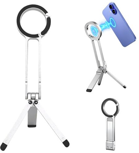 Trépied magnétique pour téléphone portable - En aluminium intégré - Extensible - Pour smartphone - Pliable - Mini perche à selfie - Mousqueton - Support rapide pour smartphone (B)