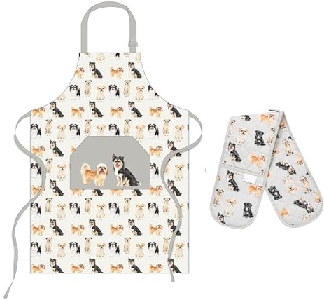 Cooking Chefs Apron With Double Oven Gloves For Baking & BBQ (Cute Dog)