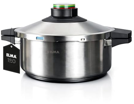 ELMA Olla a Presión Prêst de 4 Litros, Ø24 cm | Acero Inoxidable 18/10, Fondo Encapsulado Apto Inducción, 2 Modos de Cocción, Triple Sistema de Seguridad, Tapa de Cristal Incluida