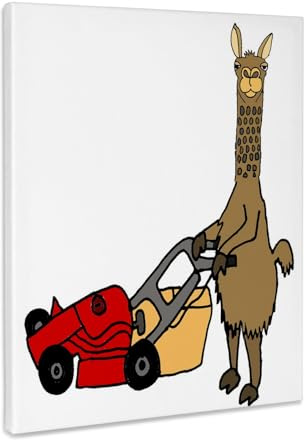 3dRose Funny Cute Llama Pushing Red Lawn Mower and Mowing Grass Museum Grade Canvas Wrap 11x14