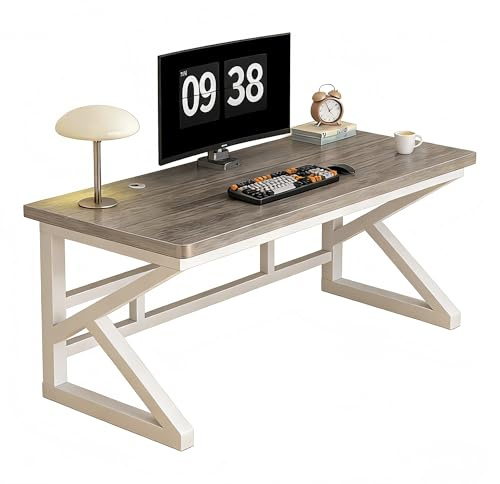 FUKEFUZ Escritorio de Oficina con Tablero Extra Grueso de 30mm, Mesa de Ordenador Estilo Industrial con Patas en K, Mesa Gaming Resistente, Gran Superficie de Trabajo(Gray,W-FR,63.0in)