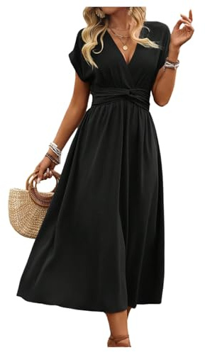 GORGLITTER Women's Wrap Deep V Neck Twist Knot Dresses Short Sleeve High Waist A Line Flowy Midi Beach Summer Dress