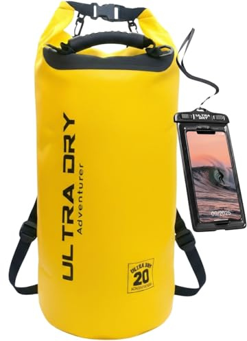 Premium Waterproof Bag, Sack with Phone Dry Bag and Long Adjustable Shoulder Strap Included, Perfect for Kayaking/Boating/Canoeing/Fishing/Rafting/Swimming/Camping/Snowboarding (Yellow 20 L) …
