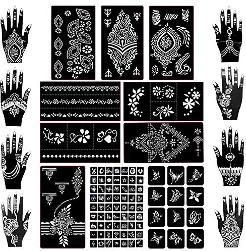 Koogel Henna Tattoo, 18 Blatt Henna Schablonen Glitter, Indischer Arabischer Hände Temporäre Tattoos Air Brush Tattoo für Frauen Mädchen Hände Finger Körperbemalung Hochzeit
