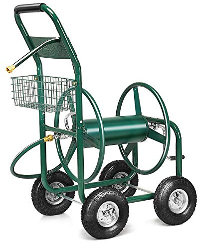DREAMADE Chariot Arrosage Jardin en Métal avec Panier Dévidoir de Tuyau d'Arrosage à roulettes 4 Roues en Caoutouche Poignée Confortable Chariot d'Arrosage Multifonction 96 X 62 X 113 CM Vert
