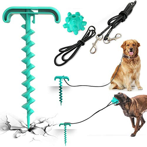 Dog Tie Out Cable and Stake, Dog Spike Stake in Ground, Dog Lead Leash Sturdy Spiral Ground Anchor with Dog Chew Molar Ball Toy and Dog Elasticity Dog Chain for Camping Backyard
