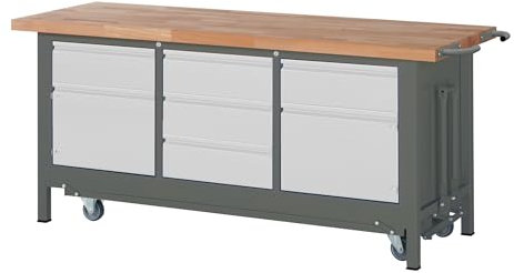 STIER Werkbank Premium mit abs. Fahrgestell, 5 Schubladen und 2 Flügeltüren BxTxH 2000x700x880mm