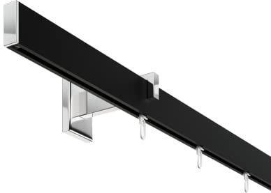 DécoProfi Gardinenstange Innenlauf 1-läufig Set Short rechteckig Schwarz/Verchromt I Länge: 160cm Aluminium für Wandmontage I Als Gardinenschiene & Vorhangstange geeignet