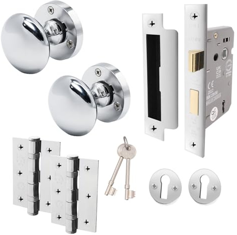 EAI Chrome Key Lock Door Knob Set - 1 Pair of Polished Chrome Victorian Mortice Knobs (55mm), Sash Lock (80mm) & Hinges (76mm)