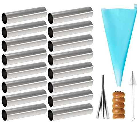 Joyeee 16 Pack Cannoli Tubes Molds Set, With 4.7 Inch Non-Stick Tubes, Reusable Piping Bag, Brush and Stainless Steel Tips, Cannoli Forms Kit for Croissant Shells Cream Roll Baking