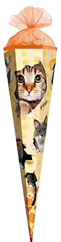 ROTH Schultüte groß Katzenparty 85cm - 6-eckig Rot(h)-Spitze Tüllverschluss - Zuckertüte Schulanfang