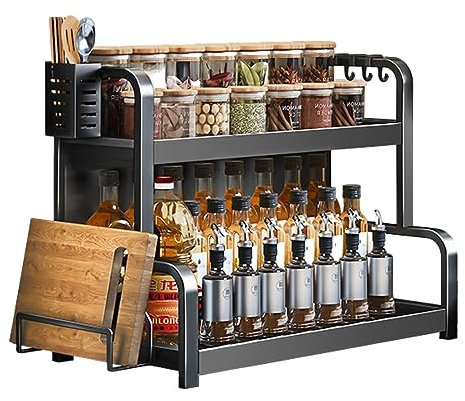 devesanter Gewürzregal Stehend,2 Etagen Großes Fassungsvermögen Gewürzdosen Küchenregal,Rostfrei Organizer für Arbeitsplatte Aufbewahrung mit Utensilienhalter,Schneidebretthalter,mit 4Haken,Schwarz