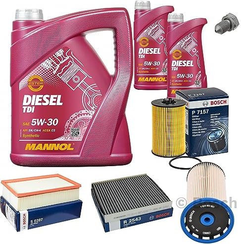 Inspektionspaket Wartungspaket Filterset mit 7 L Motoröl Diesel TDI 5W-30, Ölfilter, Innenraumfilter (Aktivkohle), Luftfilter, Kraftstofffilter, Verschlussschraube