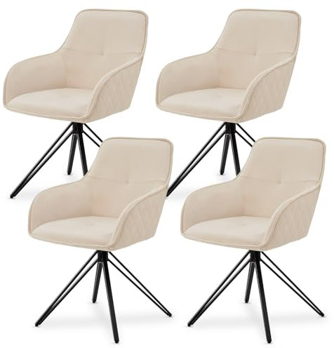 Juskys Drehstuhl Clyde mit Armlehne 4er Set - Esszimmerstuhl modern mit Stoff Bezug - Polsterstuhl Esszimmer - 120 kg belastbar - Stuhl Samt Beige