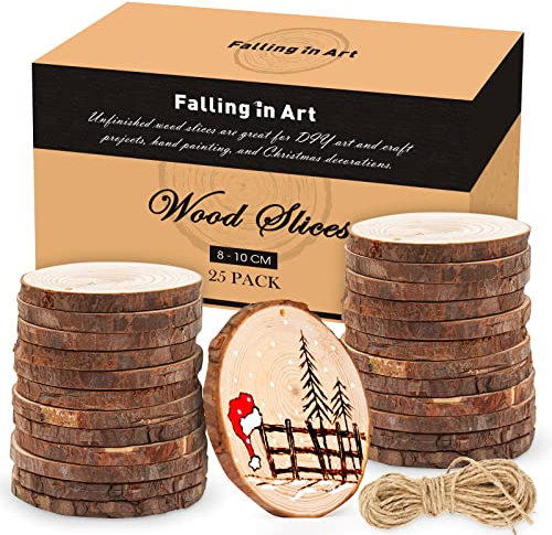COOZEE 25 Stücke Unbehandeltes Baumscheiben, 8-10 CM Holzscheiben und Natürliche Jute Seil für DIY Handwerk Holz-Scheiben Hochzeit Mittelstücke Weihnachten Dekoration Baumscheibe