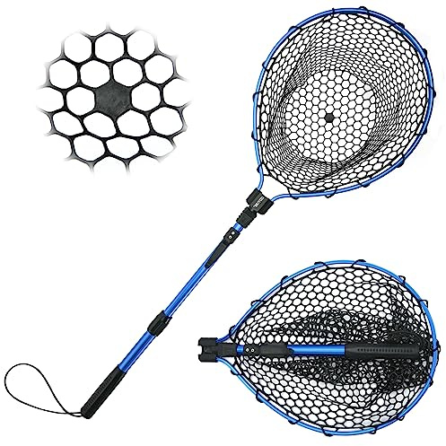 Goture Fishing Landing Net, Lightweight Portable, Rubber Mesh, Foldable, Blue, Fishing Net for Fly, Kayak, Boat, Catfish, Bass, Trout Fishing
