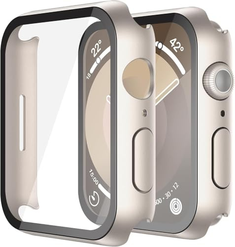 Misxi Schutzhülle mit Displayschutz für 45mm Apple Watch Series 9/8/7 | 2 Stück, Harte PC-Hülle, Gehärtet Displayschutzfolie, Kratzfest & Stoßfest, Ultradünn, 2 Sternenlicht