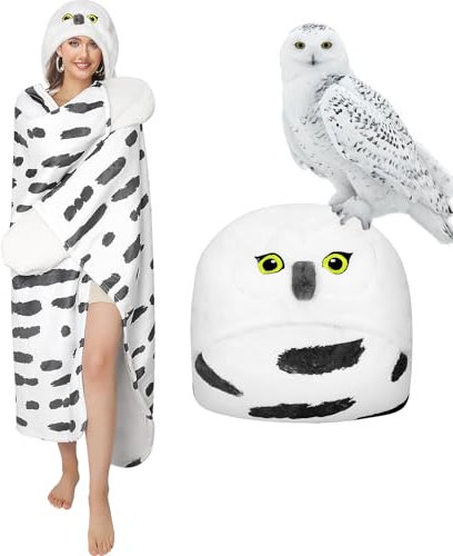 pewjury Coperta con maniche e cappuccio, con gufo di neve, con guanti, motivo animali, morbida coperta in flanella, per donne (bianco, 130 x 160 cm)