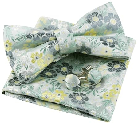 Alizeal Nœud papillon floral pré-noué pour homme, pochette et boutons de manchette ensemble classique pour fête de mariage