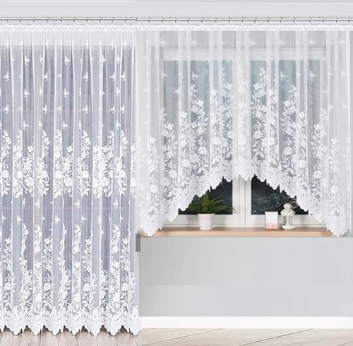 Gardinen Vorhangen Weiß 150x 250 + 300x160 cm (BxH) Danuta Set Lang Kurz Bogen Jacquard Gardinen mit Kräuselband Scheibengardine Wohnzimmer Vorhänge Fenstergardinen Fertig zum Aufhängen