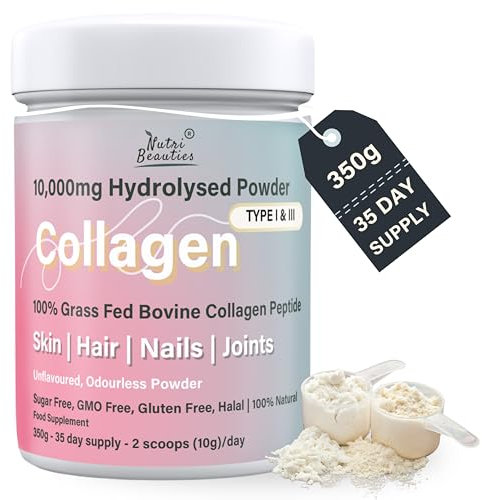 NUTRI BEAUTIES Pure Grass Fed Bovine Collagen Peptides Powder 10,000Mg | 19 Essential Amino Acids | Unflavoured 350g Hydrolyzed Collagen for Women & Men (Type I & III) | 35 Day Supply | Halal | Skin